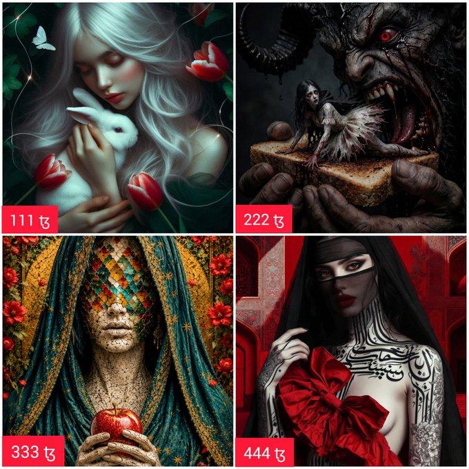 Four dark fantasy digital illustrations are displayed in a grid, each with a red price tag reading "111 ₺", "222 ₺", "333 ₺", and "444 ₺" for an oddly disturbing scene involving a girl with a rabbit, a monstrous creature with bread, a veiled figure holding an apple, and a tattooed woman in red.