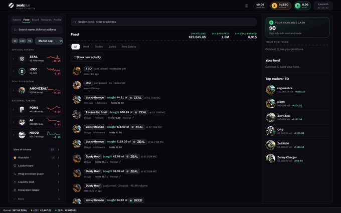 The image displays a dark-themed crypto trading dashboard called "Zrools" featuring tickers ZEAL ($23,665.65) and zZEC ($1.6M volume), with a feed showing trades on tokens like TFD, UMd, Lucky Broccoli, and Zeezee top blast. The accompanying post promotes "G'ZEAL" as a new gasless trading platform on Robinhood Chain, aligning with the dashboard's emphasis on seamless, multi-venue trading and zero-fee transactions.