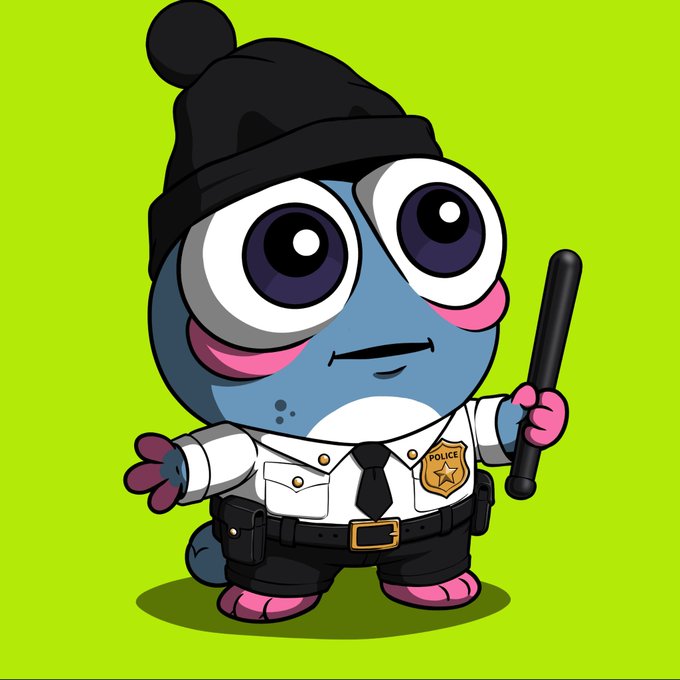 Cartoon illustration of a blue bug-like character dressed as a police officer with a badge, holding a baton and wearing a black beanie against a bright green background.