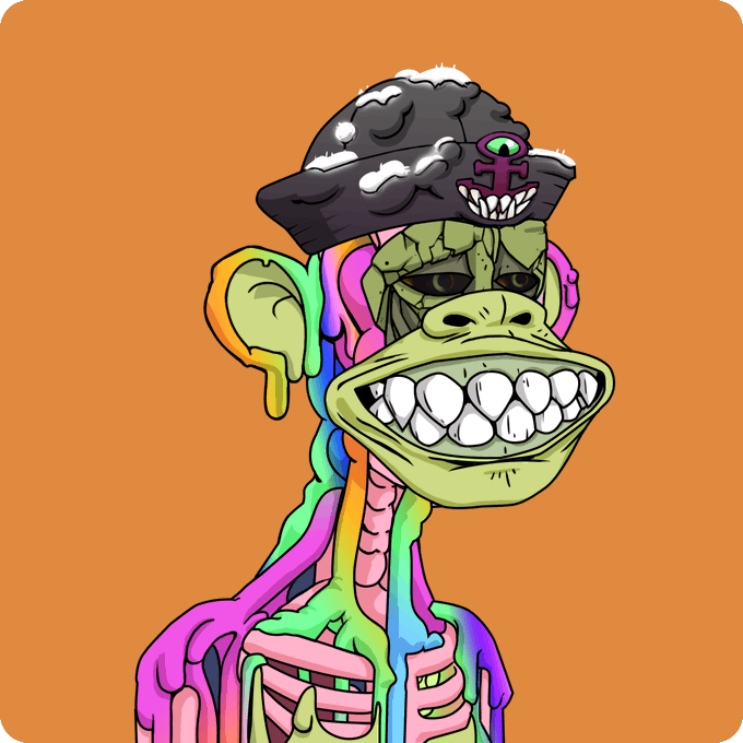 A colorful digital illustration of a green zombie-like ape character with a wide toothy grin, wearing a black pirate hat featuring the female/Venus symbol, set against a solid orange background.