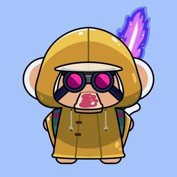 A cartoon illustration of a character wearing a brown monkey-style hoodie with large pink goggles and a small purple flame tail.