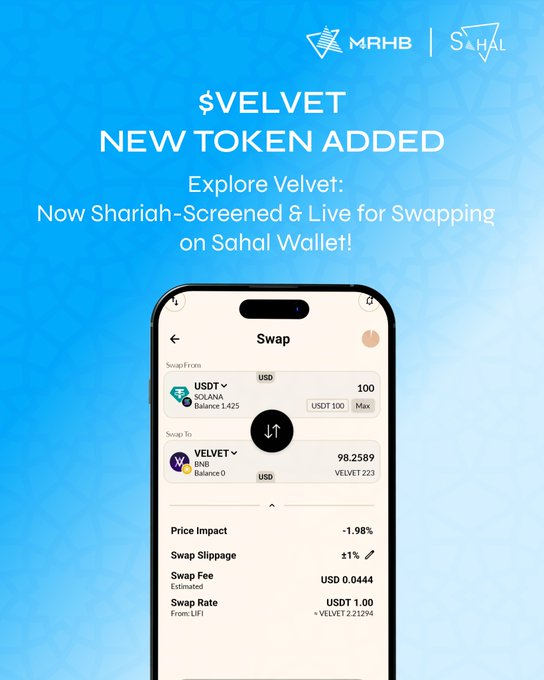 The image features a smartphone displaying an app called "Velvet" with a blue background, white text, and a black phone icon. The app's description reads that it is "officially Shariah-screened & live for swapping on Sahal Wallet!". This suggests that the app has been developed in compliance with Islamic finance principles to facilitate transactions within the DeFi space while adhering to Shariah law.
