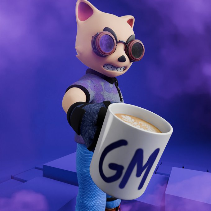 A 3D animated anthropomorphic dog character wearing round goggles and a purple vest holds out a white coffee mug with 'GM' printed on it against a purple background.