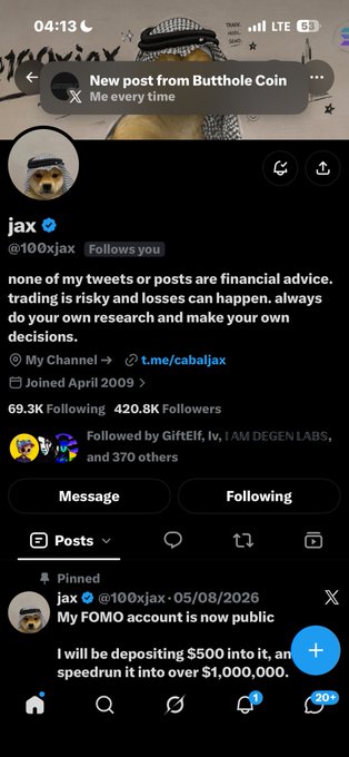 A Twitter/X profile for @100xjax (jax) with 420.8K followers, showing a pinned post about depositing $500 into a FOMO account, with a notification from "Butthole Coin" at the top.