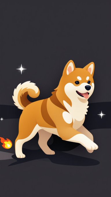 Digital illustration of a smiling Shiba Inu dog running, with a small flame icon near its rear, set against a dark background with sparkle effects.