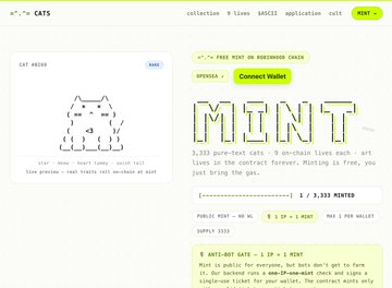 The image showcases the "x*_*= CATS" project on Object with a Connect Wallet button and a "MINT" counter showing 1/3,333 minted. It relates to the post by highlighting ASCII Cats as one of the featured mint projects the author is watching.