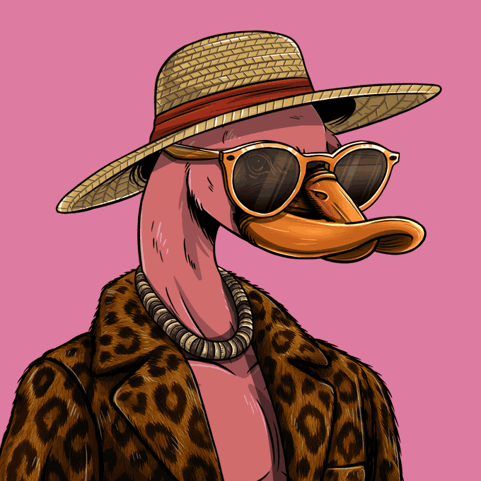 The image features a pink background with a cartoon duck wearing sunglasses, a hat, and a leopard print jacket. The caption reads "I just minted this @LetsFlamingoNFT because I believe the flock is where the magic happens".