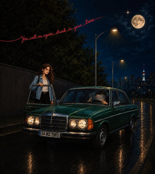 A cinematic nighttime scene shows a woman beside a vintage green Mercedes on a rain-soaked city road, with a full moon and skyline behind them; the license plate reads “34 MZ 1985” and red script says, “You call me again, drunk in your Benz.” The romantic “one last goodbye” artwork appears to commemorate the first edition being collected by @mrbretjolliffe.