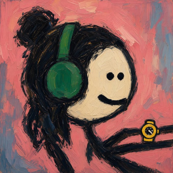 A painting of a smiling stick-figure character with a bun hairstyle wearing green headphones and a yellow watch, set against a textured pink background.