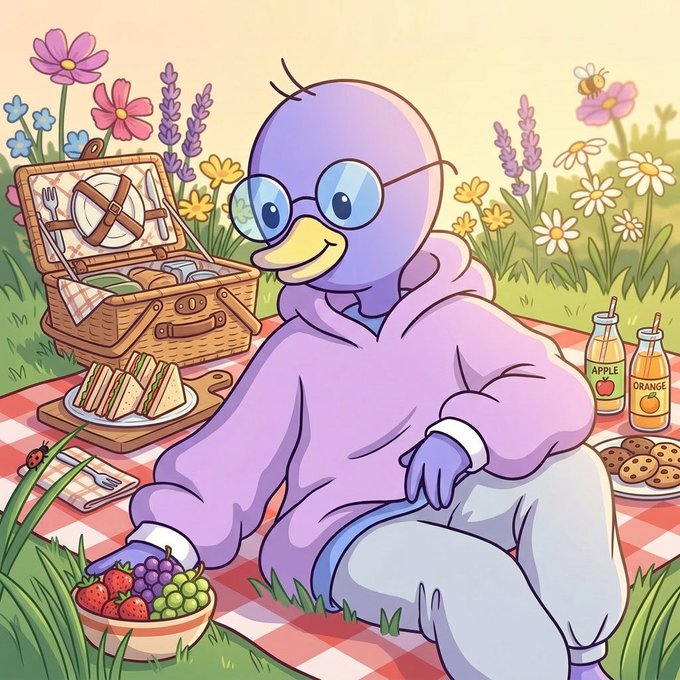 A digital illustration of a purple, bird-like character wearing glasses and a purple hoodie, sitting on a red and white checkered picnic blanket surrounded by a basket, sandwiches, fruit, juice bottles labeled "APPLE" and "ORANGE," and flowers.