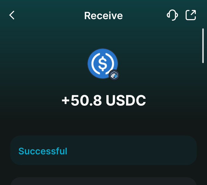 A mobile crypto wallet interface showing a successful transaction with the USDC logo and text '+50.8 USDC' and 'Successful' displayed on a dark teal background.