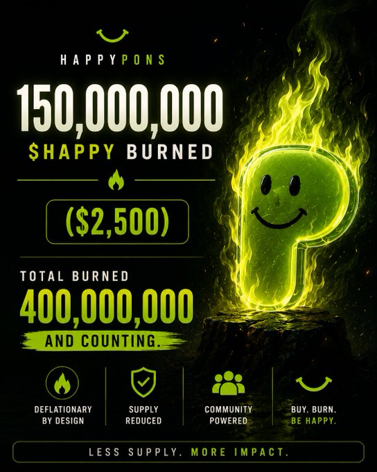 A fiery promotional graphic for 'HAPPYPONS' showing a green smiling letter 'P' engulfed in flames, with stats '150,000,000 $HAPPY BURNED ($2,500)' and a 'TOTAL BURNED 400,000,000 AND COUNTING.'