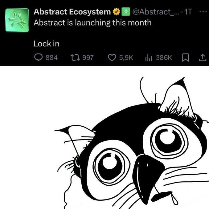 A tweet from 'Abstract Ecosystem' (@Abstract_...) announces 'Abstract is launching this month' alongside a black-and-white illustration of a wide-eyed cat.