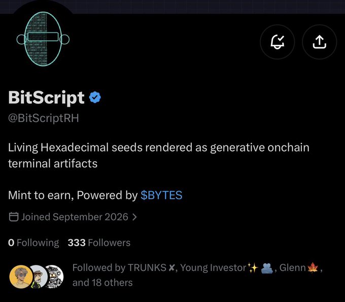 The image shows the Twitter/X profile of @BitScriptRH, a verified account with the display name "BitScript" featuring a hexagonal avatar. The bio describes it as "Living Hexadecimal seeds rendered as generative onchain terminal artifacts" with a note "Mint to earn, Powered by $BYTES," and shows it has 333 followers, aligning with the post's mention of a free mint collection of 4,096 generative onchain terminal art pieces.