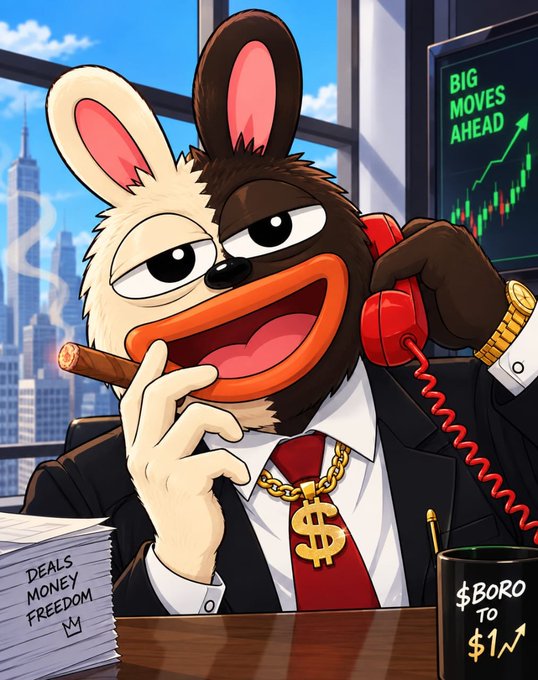 A cartoon rabbit dressed in a sharp suit with a gold "$" chain, gold watch, and cigar, talks on a red phone at a desk with documents labeled "Deals, Money, Freedom," a mug reading "$BORO to $1M," and a screen displaying "BIG MOVES AHEAD." The image's Wall Street "big money" aesthetic ties into the post's $SOL airdrop promotion by projecting wealth and exclusivity to lure in wallet submissions.