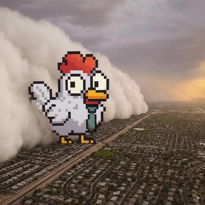A pixel art chicken wearing a red bow superimposed over a massive dust storm approaching a city.
