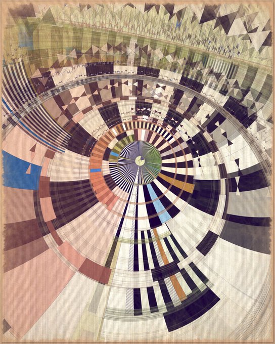 An abstract geometric artwork with a circular mandala-like design radiating outward in muted earth tones of green, brown, blue, and pink, composed of layered triangular and linear patterns.