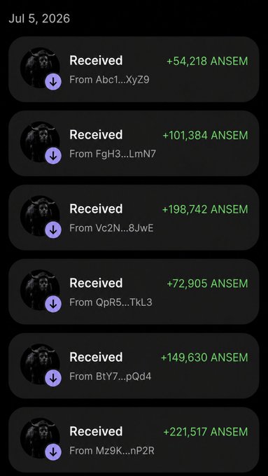 A crypto wallet transaction history dated July 5, 2026 shows multiple "Received" transactions totaling over $798,000 worth of the ticker **$ANSEM**, with transfers from various wallets (Abcl...XyZ9, FgH3...LmN7, Vc2N...8JwE, QpR5...TkL3, BtY7...pQd4, Mz9K...nP2R) in amounts of +54,218, +101,384, +198,742, +72,905, +149,630, and +221,517 ANSEM — supporting the post's claim that ANSEM airdrop rewards are being distributed to Solana wallets.