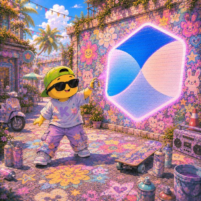 A vibrant, colorful digital illustration of a yellow emoji-like character wearing a green cap, sunglasses, and a pastel streetwear outfit, posing in front of a neon-lit graffiti wall featuring the KuCoin (K) logo, with a skateboard and spray paint cans nearby.