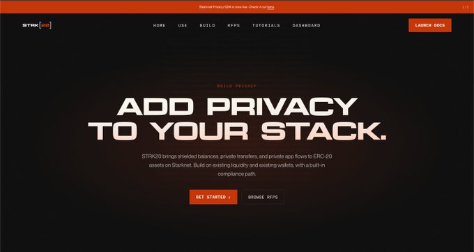 A website screenshot for Starknet with the headline 'ADD PRIVACY TO YOUR STACK' describing how STRK20 brings shielded balances, private transfers, and private app flows to ERC-20 assets on Starknet.