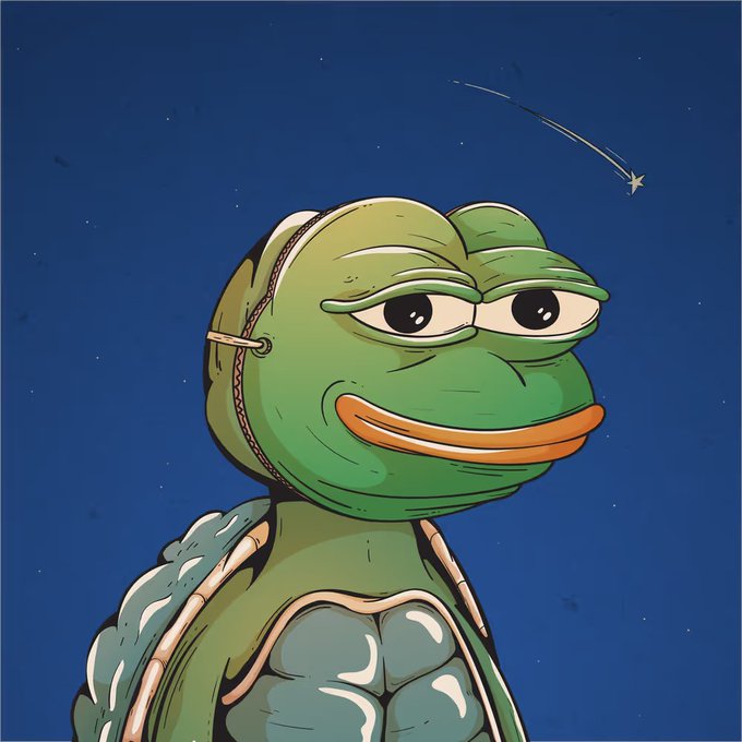 A green frog character with a smug expression looks sideways under a starry blue sky with a shooting star in the background.