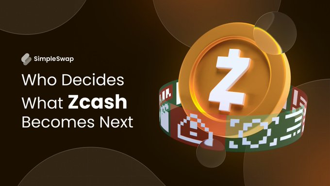 A promotional graphic by SimpleSwap with the text 'Who Decides What Zcash Becomes Next' alongside a 3D golden Zcash coin.