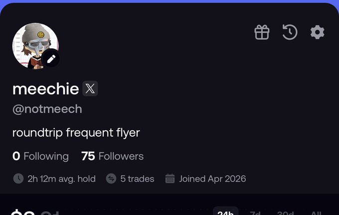 The image shows a Twitter post from a user named Meechie, who has been trading cryptocurrency for over 300k times. The post includes a link to a roundtrip frequent flyer flyer account that was created by Not Trip. The post also mentions that they have had more than 10 solana transactions in the past few days and that they are happy with their current leaderboard position at #1.
