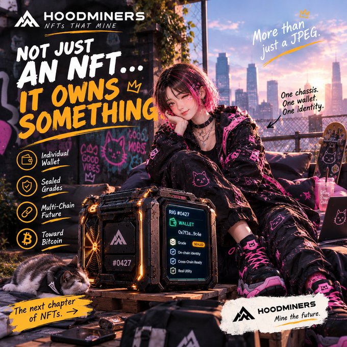 The promotional image for "HOODMINERS - NFTS THAT MINE" features a pink-haired character sitting next to a rugged tech case displaying "RIG #0427 WALLET" with details including "0x7f3a...9c4e," "Sealed" grade, and a sleeping cat, emphasizing the tagline "NOT JUST AN NFT... IT OWNS SOMETHING" while listing features like Individual Wallet, Sealed Grades, Multi-Chain Future, and Toward Bitcoin. The image visually reinforces the post's message by portraying a Hood Miner as a functional crypto wallet (chassis #0427) rather than just a static collectible, highlighting its real utility in holding tokenized stocks and NFTs.