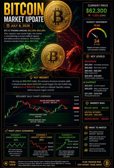 Bitcoin Market Update infographic dated July 8, 2026, showing BTC trading around $62,000–$63,000 with a current price of $62,300, a Fear score of 34, key resistance/support levels, a daily chart overview, and three scenarios (Range Consolidation 45%, Sweep & Lower 35%, Bullish Breakout 20%).