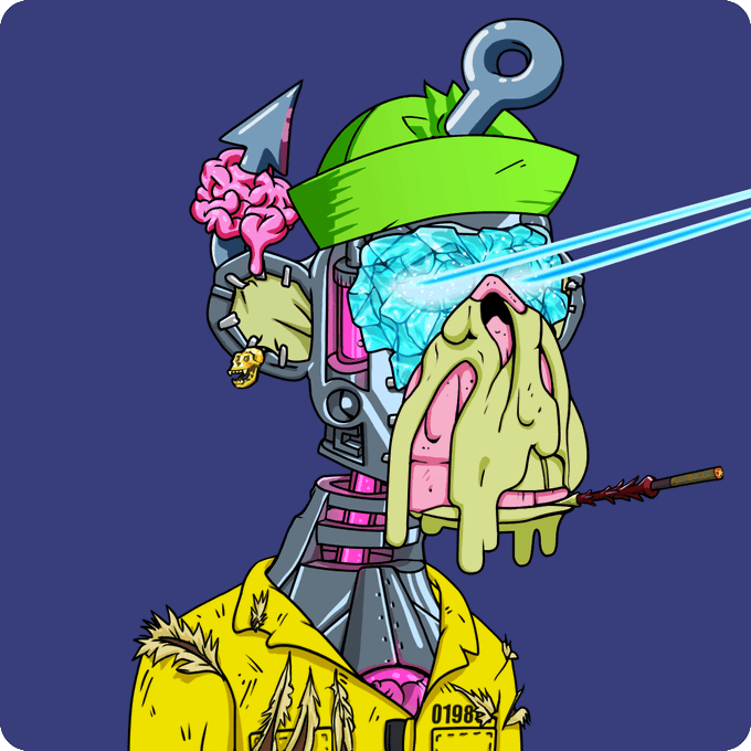 A grotesque cybernetic mutant character with an exposed brain, wind-up key on its head, laser eyes, and dripping yellow slime wears a yellow jacket labeled "01982" with "01998" on the sleeve, while biting down on a spiked bat — matching the "Mutant #4656" NFT profile referenced in the post.