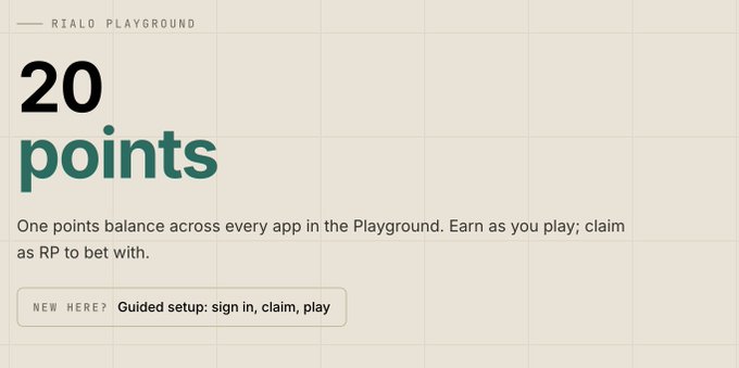 A graphic promoting Rialo Playground's points program, featuring bold text "20 points" alongside the explanation that "One points balance across every app in the Playground. Earn as you play; claim as RP to bet with," along with a guided setup prompt for new users. The image directly illustrates the post's call-to-action, visually emphasizing the 20 points reward users receive when signing up and claiming testnet $RIALO at playground.rialo.io.