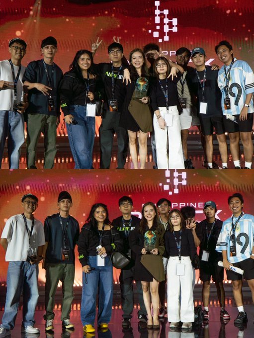 Two stacked photos show a group of people posing together at an event with red lighting and 'TRIPPINE' visible in the background.