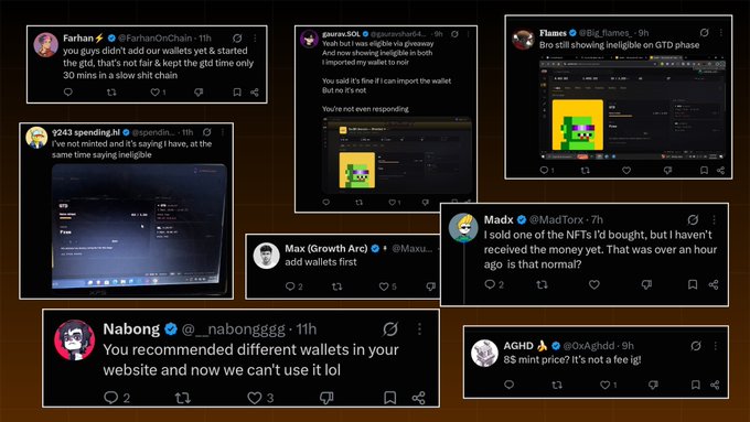 A collage of Twitter/X posts from users like @FarhanOnChain, @guruSOL, @Big_flamess, @spendin_, @MaxI, @MadX, @nabonggg, and @80xAghdd, all complaining about a malfunctioning GTD-phase NFT mint—reporting issues such as missing wallets, NFTs disappearing after listing, delayed receipts, and an $8 mint price labeled as a "free mint." The image visually reinforces the accompanying post's critique of the chaotic and deceptive "zec_bit" NFT launch process.
