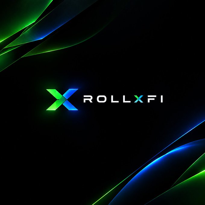 A dark background with green and blue abstract light streaks, featuring the 'XROLLXFI' logo in the center.