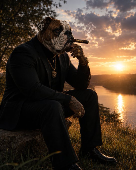 An anthropomorphic bulldog wearing a black suit and gold chains smokes a cigar labeled 'KANSEM' while sitting by a river at sunset.