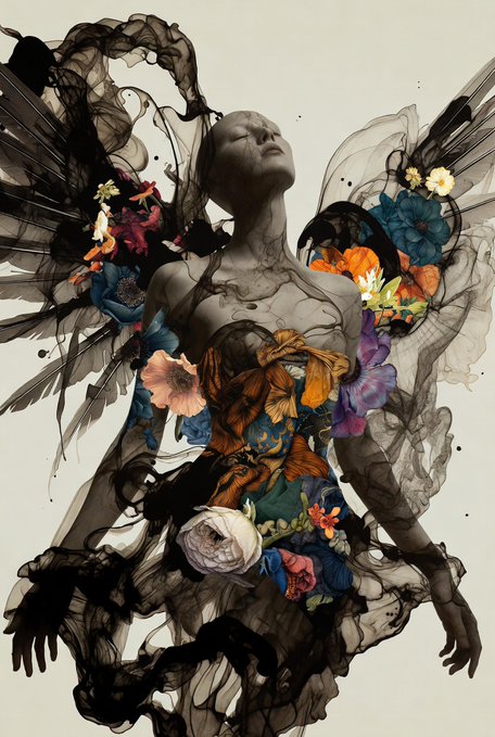 A monochrome illustration of a winged figure with eyes closed and head tilted upward, adorned with a vibrant arrangement of flowers bursting from their chest and torso, echoing the "Elegy of Bloom" theme of beauty emerging from loss. The piece is priced at 19.99 ꜩ as a 1/1 NFT, capturing the poetic contrast between delicate blossoms and haunting, somber tones.