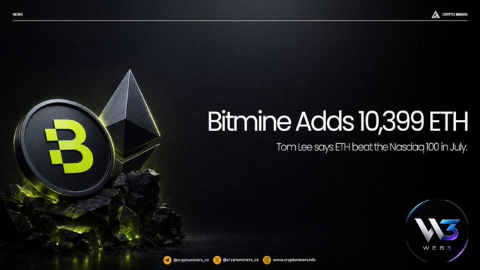 A news graphic displays 'Bitmine Adds 10,399 ETH' with the subtitle 'Tom Lee says ETH beat the Nasdaq 100 in July,' featuring Bitcoin and Ethereum logos alongside 'W3 WEB3' branding.
