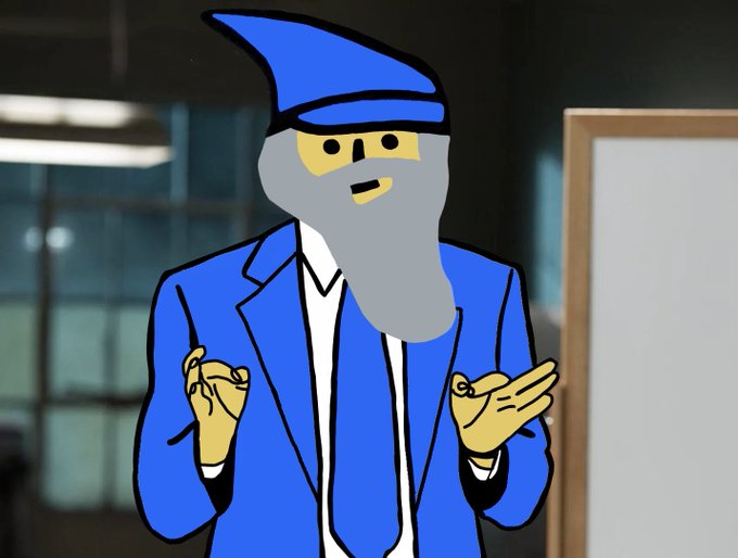 Cartoon illustration of a bearded character in a blue suit and blue peaked cap with yellow skin, gesturing with both hands in an office setting.