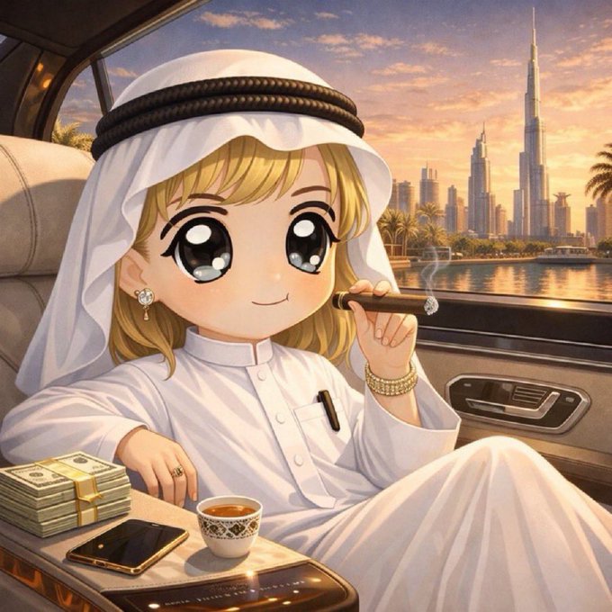 A chibi-style anime illustration of a wealthy-looking blonde character wearing a white keffiyeh and thobe, sitting in a luxury car with stacks of cash, gold jewelry, and a cigar while overlooking the Dubai skyline at sunset — visually parodying crypto "trust me bro" rug-pull promises of sudden wealth and quick token launches.