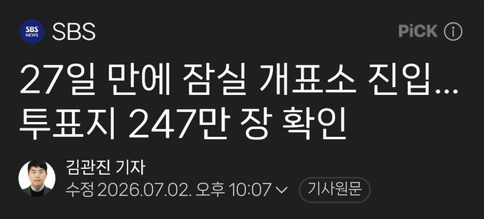 The image shows an SBS News article headline reading "27일 만에 잠실 개표소 진입…투표지 247만 장 확인" (translated: "Entered Jamsil polling station in 27 days... 2.47 million ballots confirmed"), with a byline from reporter Kim Kwan-jin. The article, dated July 2, 2026, relates to the post's sarcastic quote by highlighting the massive 2.47 million ballot count discovered at the Jamsil polling station, emphasizing the shocking scale of ballots being reviewed far beyond what the poster mockingly suggested as "40,000 sheets."
