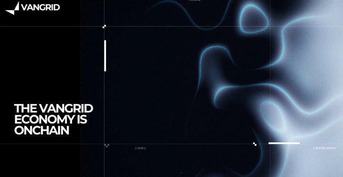 The image shows a dark, futuristic promotional graphic for VanGrid featuring a glowing blue topographic-style light pattern on a grid background, with the logo "VANGRID" in the top-left and the text "THE VANGRID ECONOMY IS ONCHAIN" on the left side. The abstract high-tech visual design complements the post's message about moving beyond traditional DePIN hardware approaches toward onchain spatial intelligence infrastructure for embodied AI.