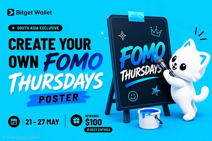 The image features a poster for an event called "FOMO Poster Challenge". The poster displays a white cat holding a paintbrush and drawing on a blackboard with blue paint, accompanied by text that reads "Focus on what is in the image and how it relates to the post." The poster also includes a list of winners who have created their own FOMO-themed posters.