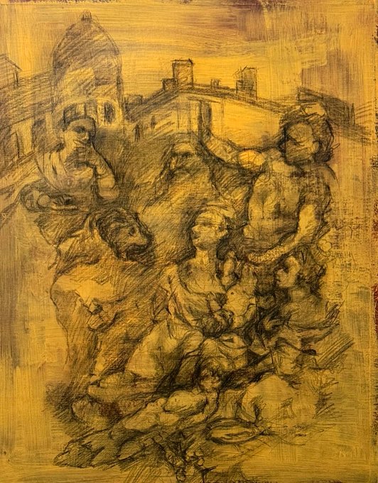 Sepia-toned sketch or drawing depicting a group of figures in a classical scene with architectural elements in the background.