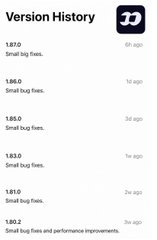 A 'Version History' section for an app, listing versions from 1.0.0 to 1.0.2 with the message 'Small bug fixes.' repeated for each update.