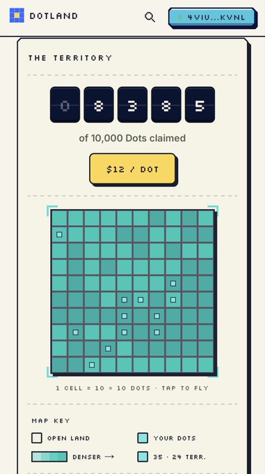 A Dotland app interface showing a 'Territory' with 5 of 10,000 dots claimed at $12/dot, displaying a teal grid map with some cells highlighted and a map key below.