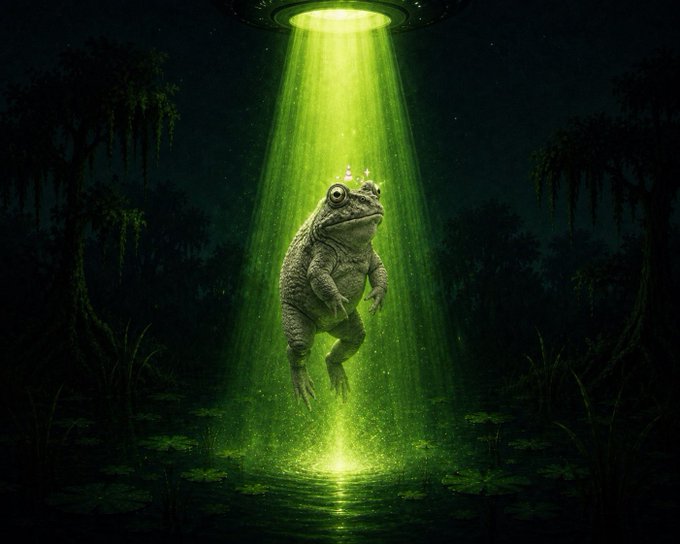 A digital artwork of a frog being beamed up by a UFO in a swampy forest setting, illuminated by a green light from the spacecraft above.