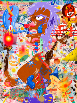 Vibrant, colorful surreal illustration featuring distorted faces, abstract patterns, and cartoonish elements in bright pinks, blues, oranges, and purples.
