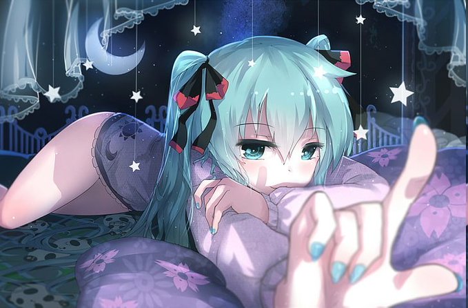 Hatsune Miku, the iconic turquoise-haired virtual singer, lies sleepily on a starry purple blanket, reaching out toward the viewer in a cozy bedroom setting with a crescent moon and hanging stars in the background. The dreamy, nighttime atmosphere reflects the post's wish for a peaceful night's rest, while Miku's gentle gaze creates a warm, comforting connection for the bedtime greeting accompanying the Web3 shipping announcement.