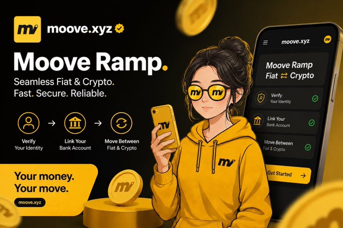 An advertisement for "moove.xyz" featuring "Moove Ramp" for seamless Fiat & Crypto exchanges, depicting an illustrated character in a yellow hoodie and glasses using the app.