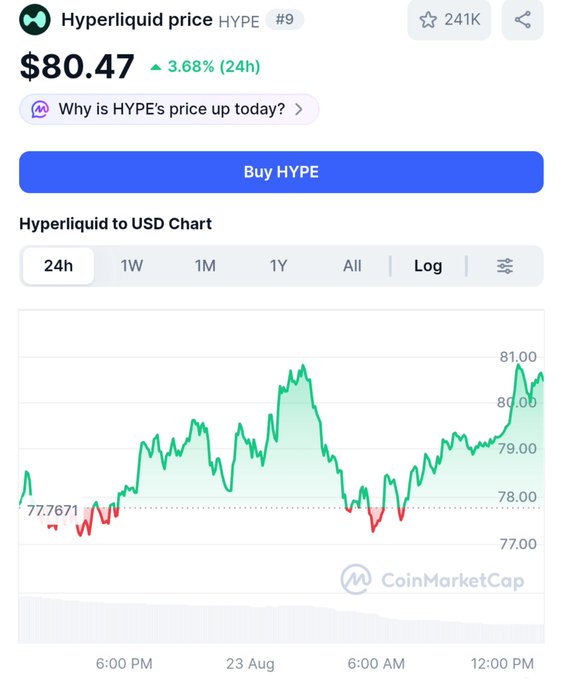 The image shows a CoinMarketCap price chart for Hyperliquid (HYPE) trading at $80.47, up 3.68% in 24 hours, with the price hitting an intraday high of $81.00. This visual aligns with the celebratory post celebrating a new all-time high (ATH) for $HYPE, validating the caller's bullish prediction.